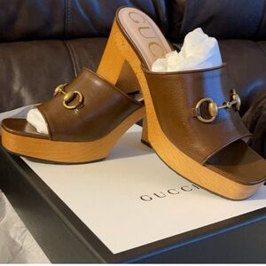 Gucci Tan Leather Platform Clogs with Gold Detail